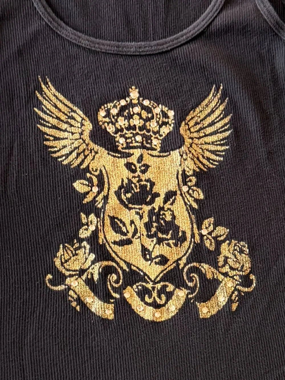 Yvette Mandell black long tank top with gold griffin / shield - Picture 3 of 6